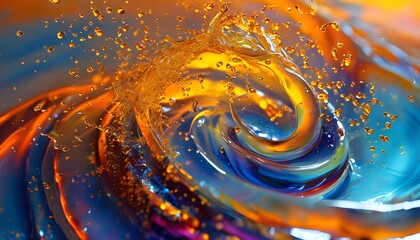 Dynamic swirls and splashes of vibrant oily liquid in a mesmerizing dance of color and motion