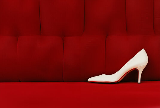 high heel shoe on a red fabric booth or a back seat of a classic vintage car - a high fashion cinderella wedding or romantic theme image., restaurant, lounge, club - seductive, intriguing