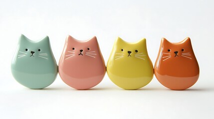 Fototapeta premium Whimsical Collection of Four Colorful Cat-Shaped Ceramic Pins on White Background