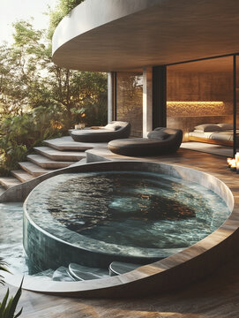 indoor and outdoor spaces in an exotic mansion escape  with huge glass windows and concrete construction; A luxurious modernist patio oasis with a round hot tub spa and open floorpan
