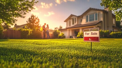 Fore sale yard sign in green grass on the white house background. Yard sign mockup.