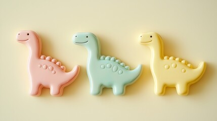 Fototapeta premium Playful Set of Four Pastel Dinosaur Ceramic Pins on Pale Yellow Background