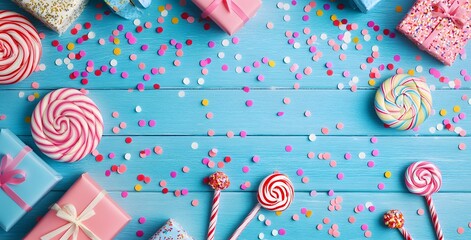Fototapeta premium Birthday Party Background with Gifts, Confetti, Lollipops