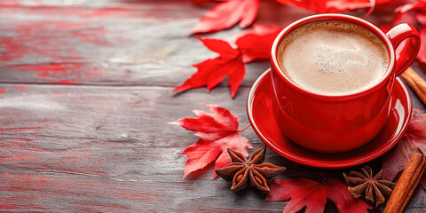 Cup of coffee in a red mug with autumn leaves, cinnamon sticks, and star anise on a wooden table with copy space.