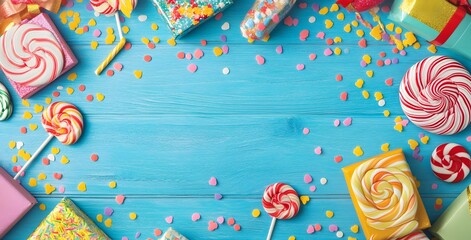 Fototapeta premium Colorful Birthday Party Background With Gifts, Confetti And Lollipops