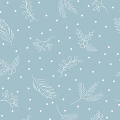 Christmas pattern of fir branches, berries and holly.Vector illustration with hand-drawn doodle elements.