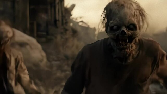 FPV post apocalyptic Zombies chasing in desolate urban wasteland, Halloween horror movie scene, thrilling nightmare