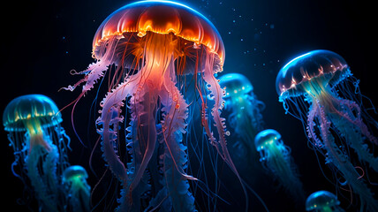 Obraz premium Radiant Jellyfish Drift in the Depths of the Ocean, Illuminating the Dark Abyss with Ethereal Glow and Graceful Movements