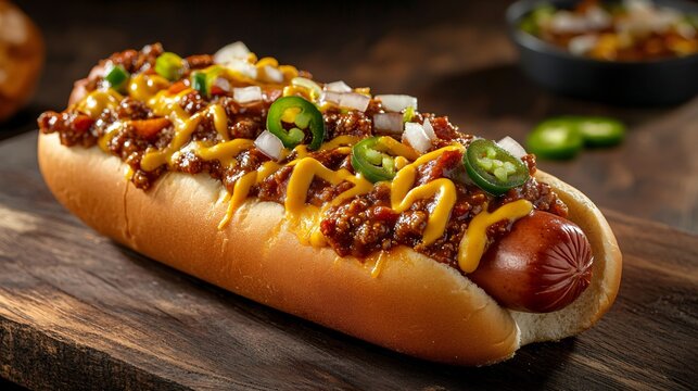 A chili cheese hot dog with diced onions and jalape&ntilde;os, set against a dark wood background for a hearty, comfort food feel
