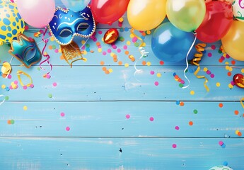 Colorful Carnival Party Balloons Confetti Mask Blue Wood