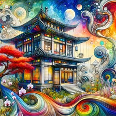 Obraz premium A Japanese pagoda stands at the center, surrounded by vibrant, swirling abstract patterns and colorful orbs. In the foreground, a red tree and flowers enhance the lively, dreamlike scene. (Gen, A.I.)