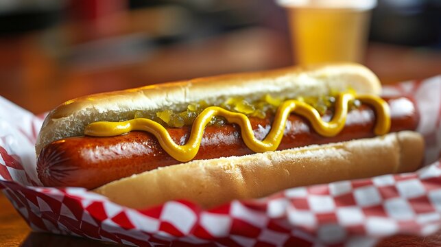 A classic footlong hot dog with mustard and relish, set against a retro diner background for a nostalgic, American feel