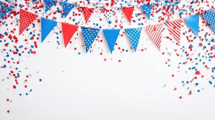 Obraz premium Colorful triangle flags and confetti on a white background. for festive celebration.
