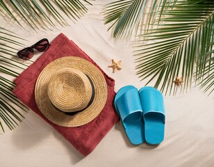 Beach towel, summer hat and sandals on a sandy beach with tropical island palm trees - summer vacation concept