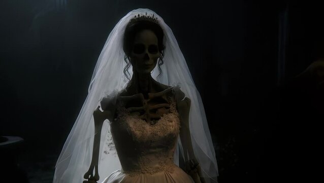 Spooky Skeleton Bride in white wedding dress veil standing in dark background, Halloween horror concept