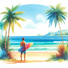 Illustration of a surfer holding a surfboard, gazing at ocean waves on a tropical beach with palm trees and a vibrant sunrise.

