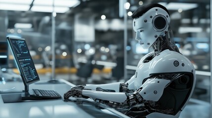 Fototapeta premium a robot working at high technology laboratory office environment with laptop 