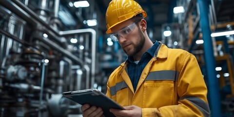 an engineer reading paper document wearing protective gear at industry factory