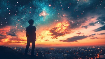 Obraz premium silhouette shadow of young boy standing at cliff top under starry night sky, twilight evening time, dreamy landscape