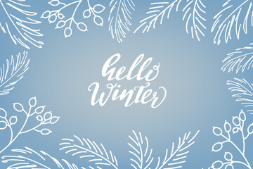 Hello winter. Winter background with hand-drawn doodle decor.Vector illustration .White on blue