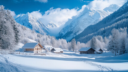 Fototapeta premium Highly detailed, amazing winter landscape, peaceful alpine valley with impressive snowy mountains, typical austrian or Swiss village. Snowy landscape, beautiful winter sport destination. Winter vacati