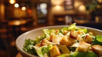 Close-up of a Caesar salad with croutons and parmesan cheese in a white bowl.
