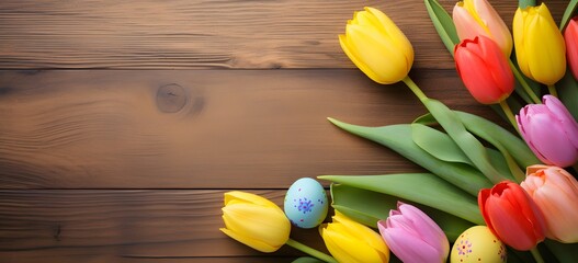 Easter Eggs and Tulips on Wooden Background