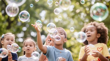 Diverse group of kids enjoying bubbles during an exciting outdoor weekend activity