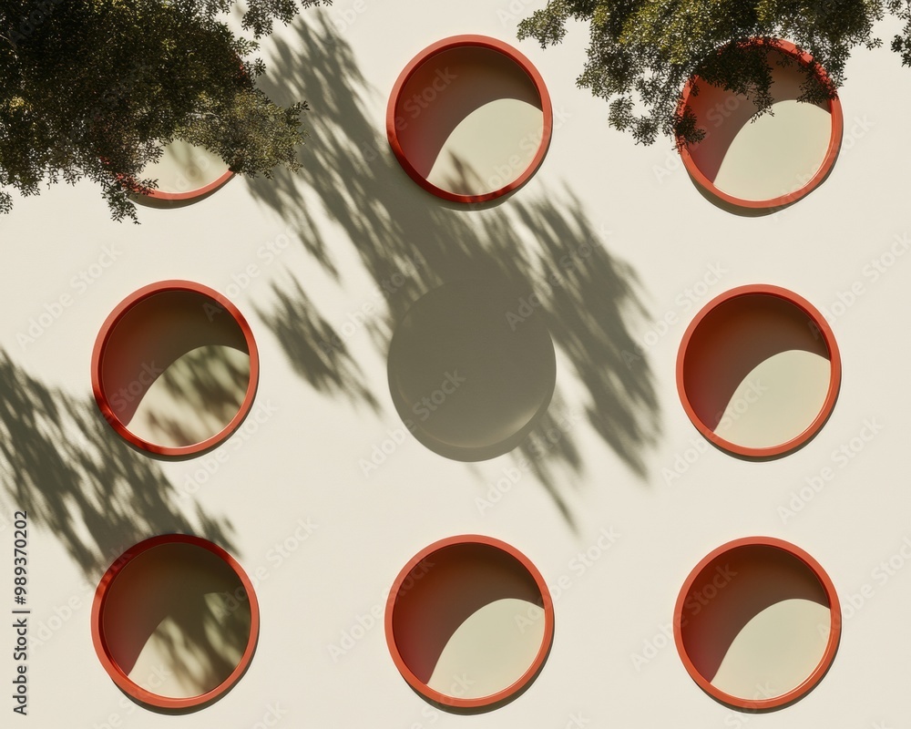 Poster Geometric Pattern of Red Circular Frames on Cream Background with Shadows and Greenery