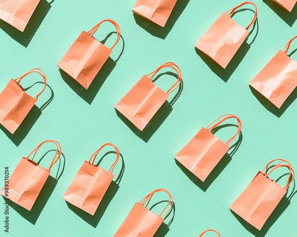 Poster repetitive pattern of orange shopping bags on teal background with depth and shadows