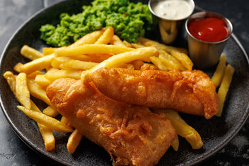 British Fish and chips with mashed peas, tartar and ketchup sauce.