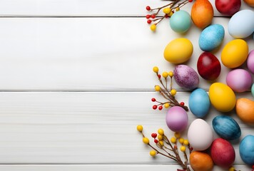 Obraz premium Colorful Easter Eggs Border on White Wood Background