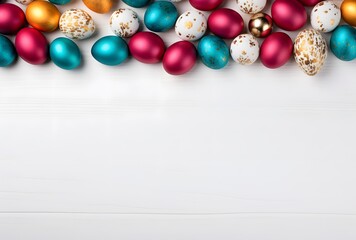 Colorful Easter Eggs Border on White Wooden Table