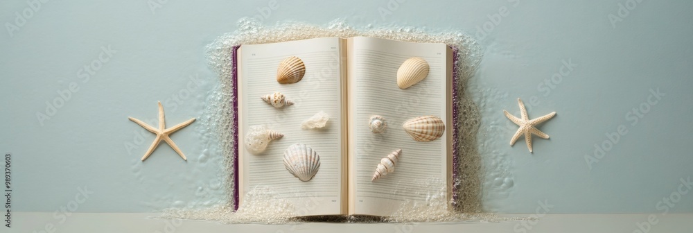 Poster creative minimalist graph of water in the shape of a book with shells and starfish