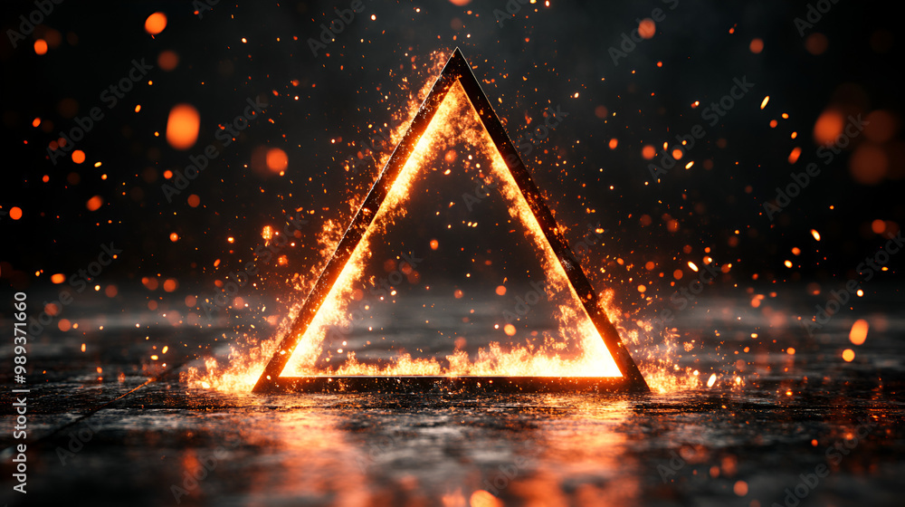Poster a glowing triangular shape surrounded by sparks and flames on a dark surface, creating a mystical at