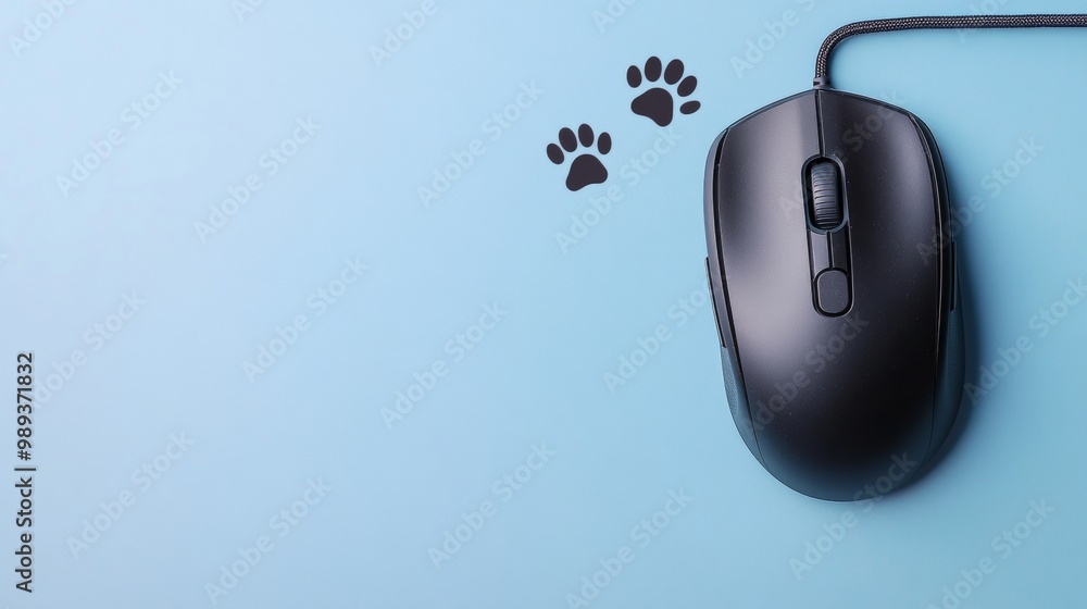 Aufkleber Minimalist Computer Mouse with Cat Paw Prints on Light Blue Background – Halloween Technology Concept