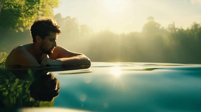 Narcissus in love with his own reflection in the water , narcissism concept	