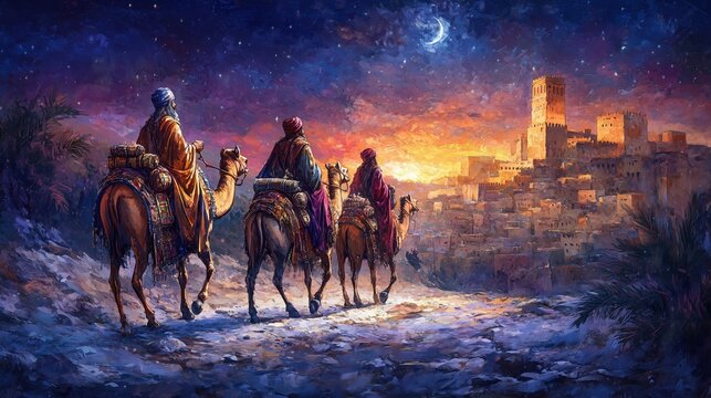 A caravan of three Magi kings mags arriving in Bethlehem meet newborn baby Jesus, Christmas, an illustration like an oil painting by ancient painters style