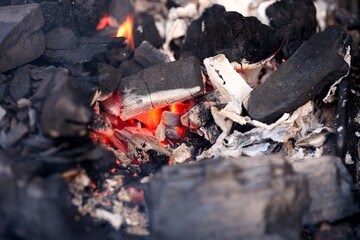 Close-up of burning charcoal.