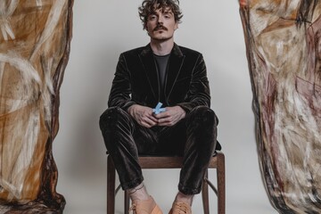 Stylish Man in Velvet Blazer Holding Blue Ribbon in Minimalist Studio Setting with Volumetric Lighting