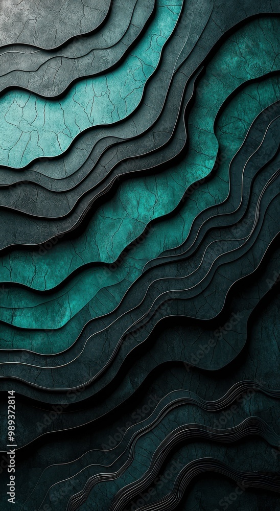 Poster 3d abstract background with black and teal layered textures creating a dynamic and modern design