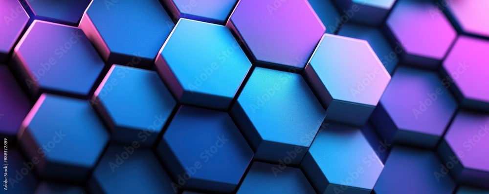 Poster 3d abstract background with blue hexagons in futuristic geometric pattern and vibrant gradient light