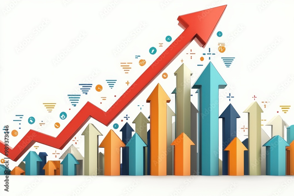 Poster 3d red arrow going up on a white background surrounded by colorful upward arrows symbolizing growth 