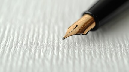 Creative Elegant Gold-Tipped Fountain Pen on Textured White Paper for Writing and Calligraphy.