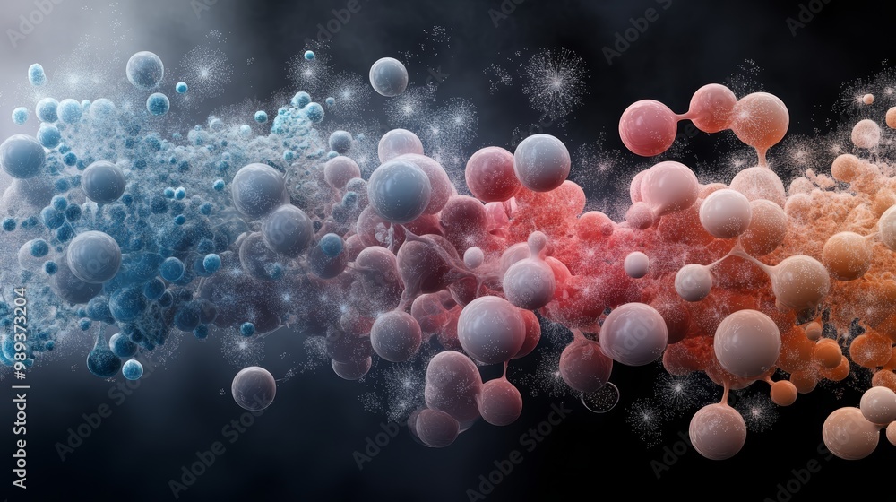 Poster abstract composition of colorful spheres representing molecular structures in a dark atmosphere, sym