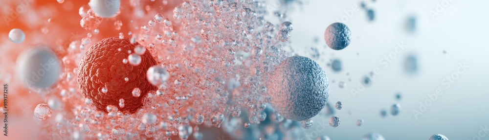 Poster abstract depiction of bubbles and spheres in vibrant colors, creating a dynamic and engaging visual 