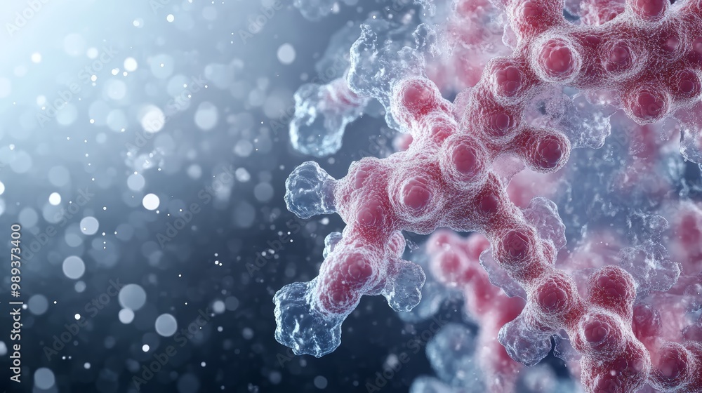 Poster close-up view of dynamic molecular structure with pink and blue elements, showcasing intricate detai