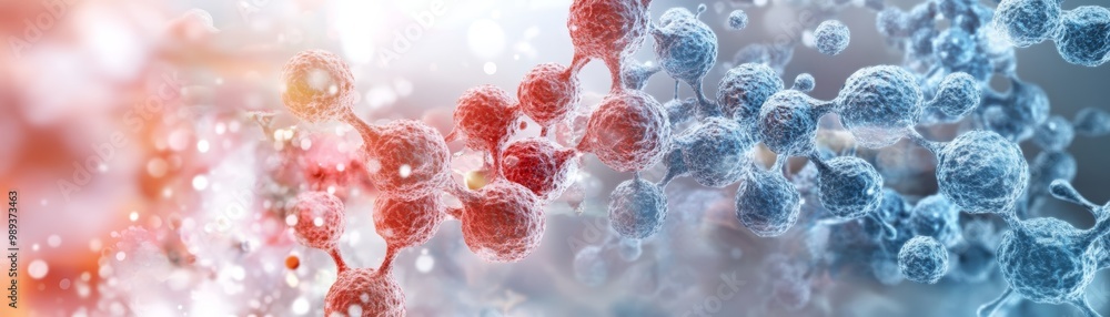 Poster a vibrant representation of molecular structures showcasing intricate details in red and blue tones,
