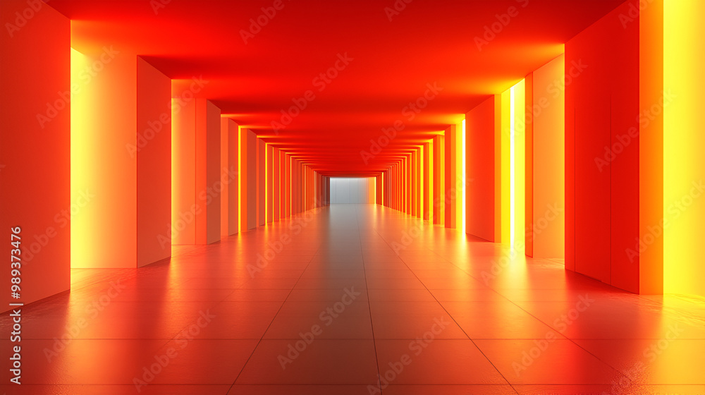 Poster a vibrant corridor illuminated in red hues, showcasing modern architecture and spacious design, invi