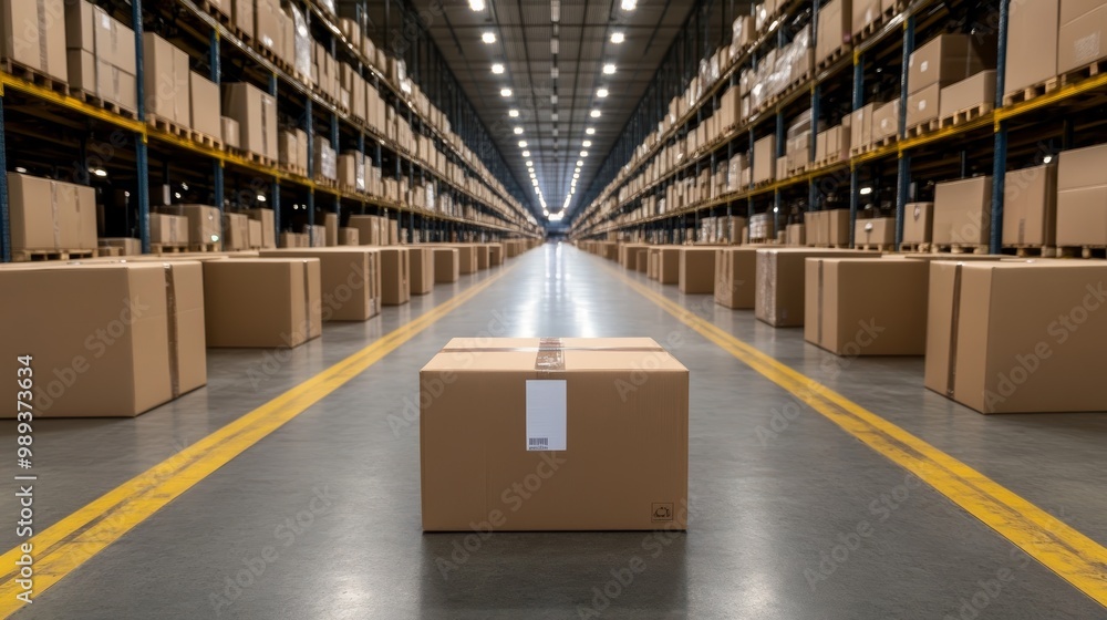 Poster a spacious warehouse filled with neatly stacked boxes, showcasing efficient storage and organization